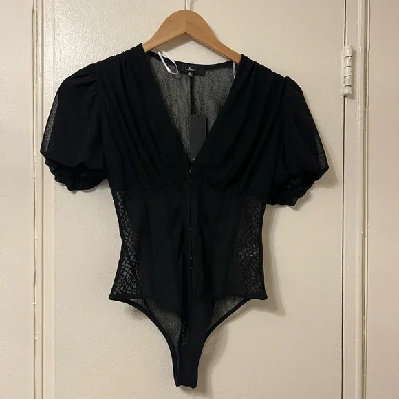 NWT Lulus Properly Trendy Black Mesh Puff Sleeve Bodysuit Medium - Picture 7 of 10